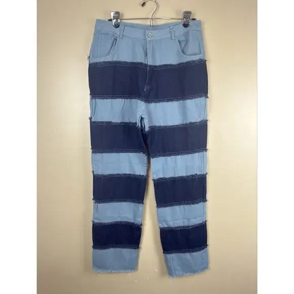 Jeans Women’s Blue Y2K Patchwork Size L High Rise Frayed Straight Leg Raw Hem - Picture 2 of 13